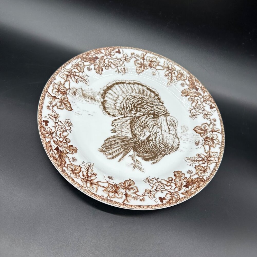 Williams Sonoma Dinner Plate Plymouth Turkey Toile Brown Thanksgiving Ceramic